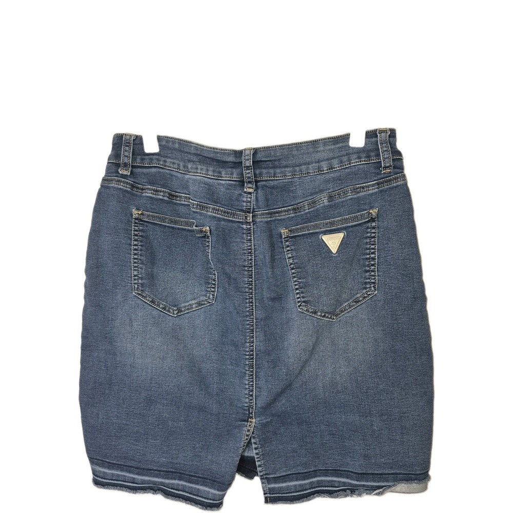 GUESS Denim Mini Skirt Large Blue Button Front Distressed Frayed Raw Hem Pockets - Picture 12 of 12